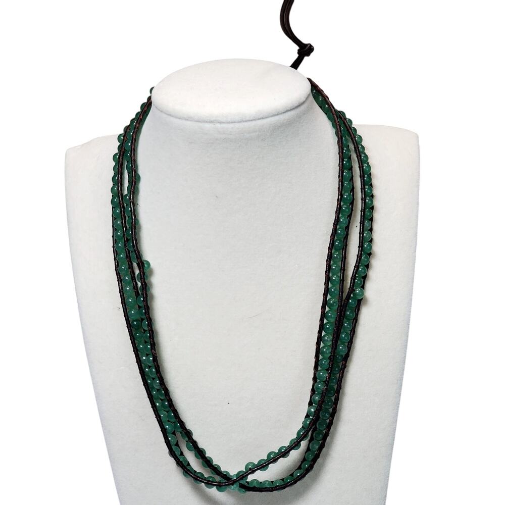 Lulu Dharma Green Bead & Leather Wrap Necklace Adjustable 32"